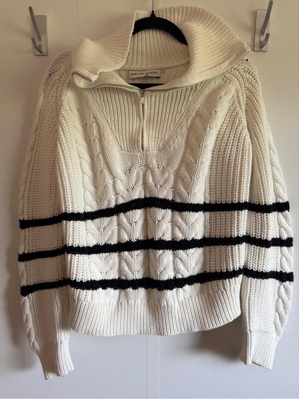 English Factory Cable Knit Quarter Zip Sweater Small Cream Black Striped Cotton